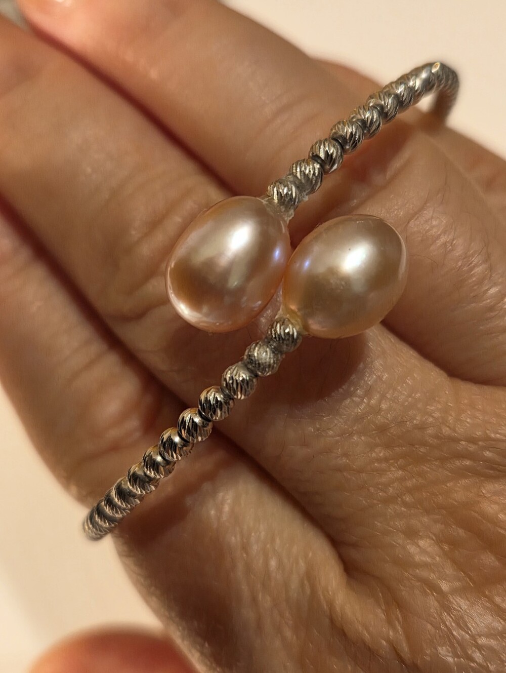 Sterling Pearl Accent Beaded Bangle - Pink Pearls